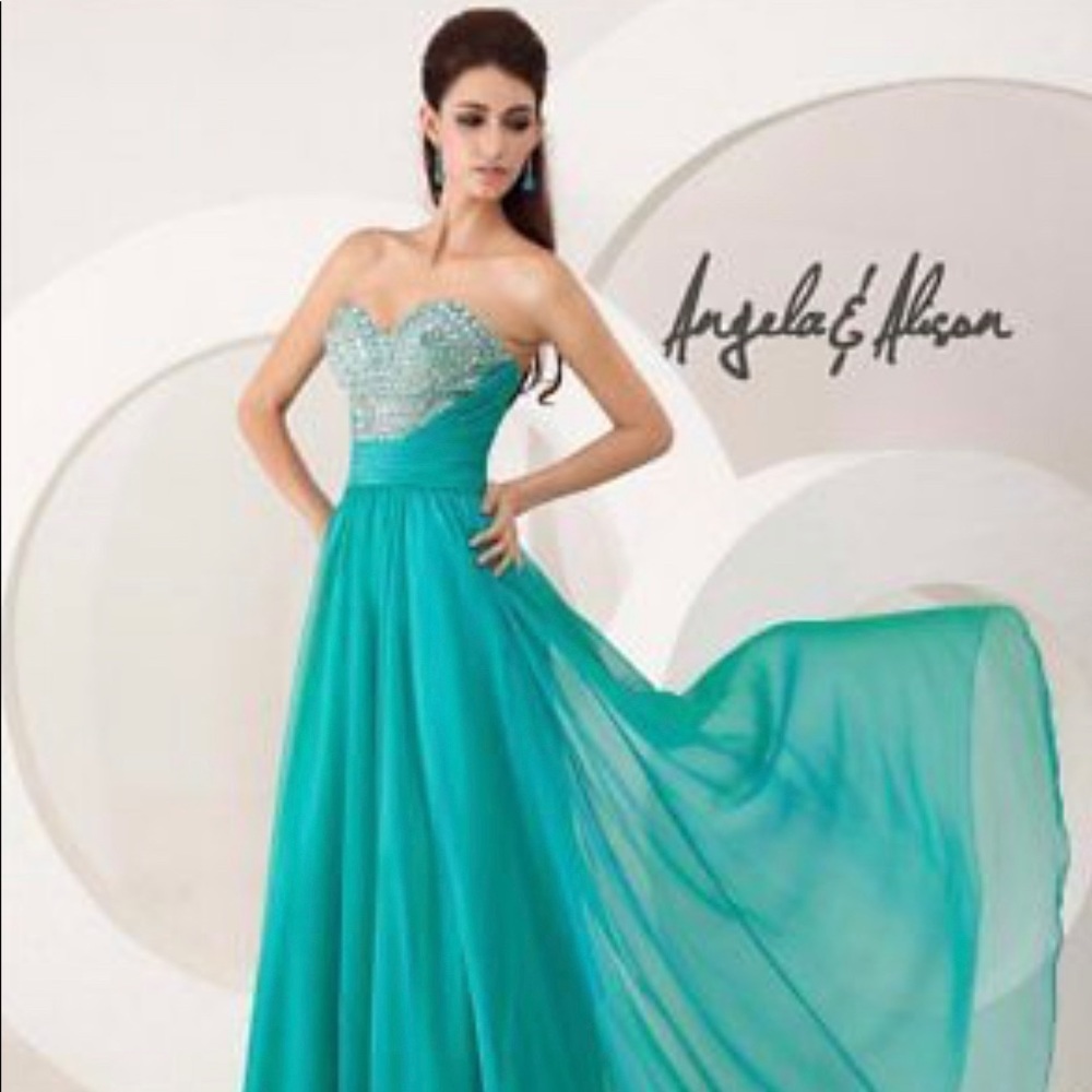 ANGELA & ALISON TEAL CHIFFON FORMAL DRESS